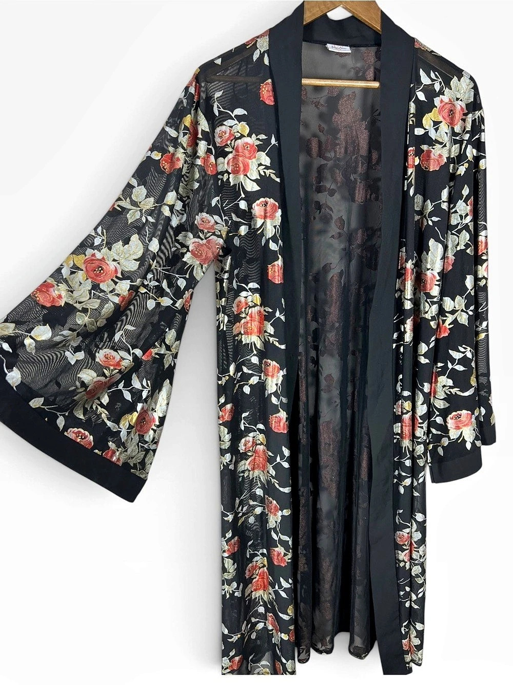 Impulse Womens Floral Kimono Duster Size 1X Black Sheer Rose Whimsigoth Fairy